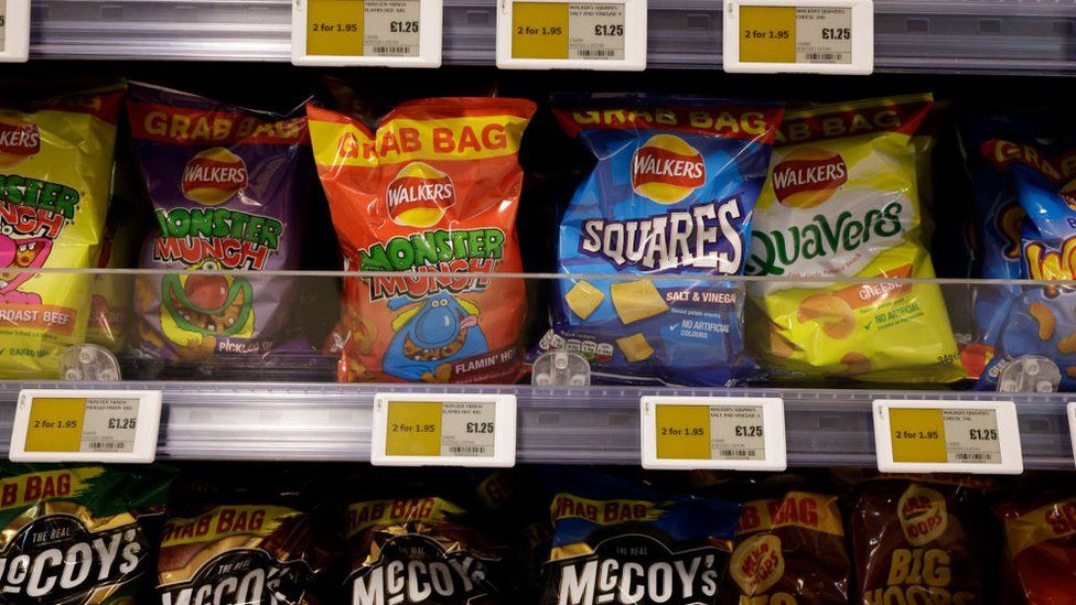Two for one deal on bags of crisps in a supermarket