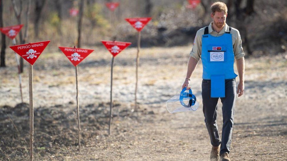 Prince Harry during a visit to a minefield in Dirico, Angola - Septembr 2019