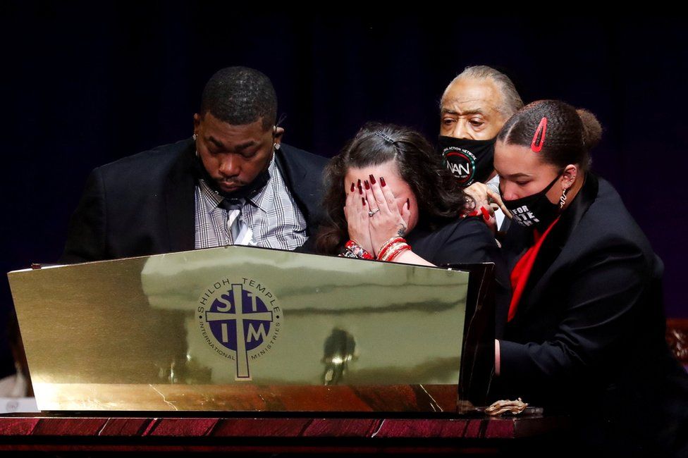 Katie Wright, the mother of Daunte Wright, weeps at his funeral service at Shiloh Temple International Ministries in Minneapolis, Minnesota, US