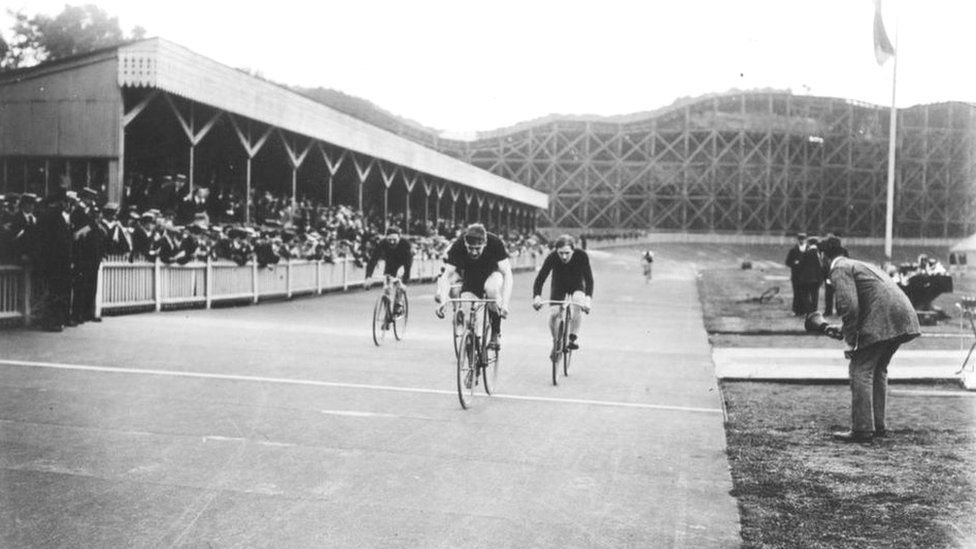 July 1913: A cycle race in progress at the City Police Sports Day at Crystal Palace, London.