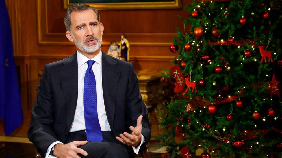 Spain's King Felipe VI delivers his traditional Christmas address at Zarzuela Palace in Madrid, Spain December 24, 2020