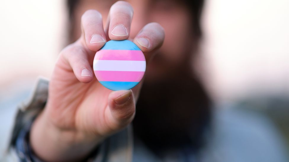 A pin showing the transgender colours flag