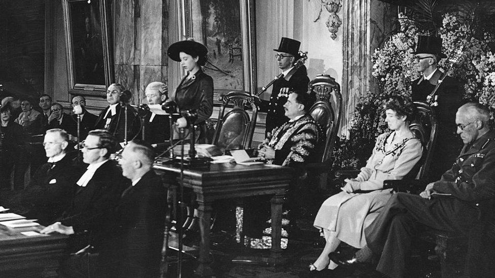 Princess Elizabeth making a speech before the Freedom of the City of Cardiff is conferred upon her
