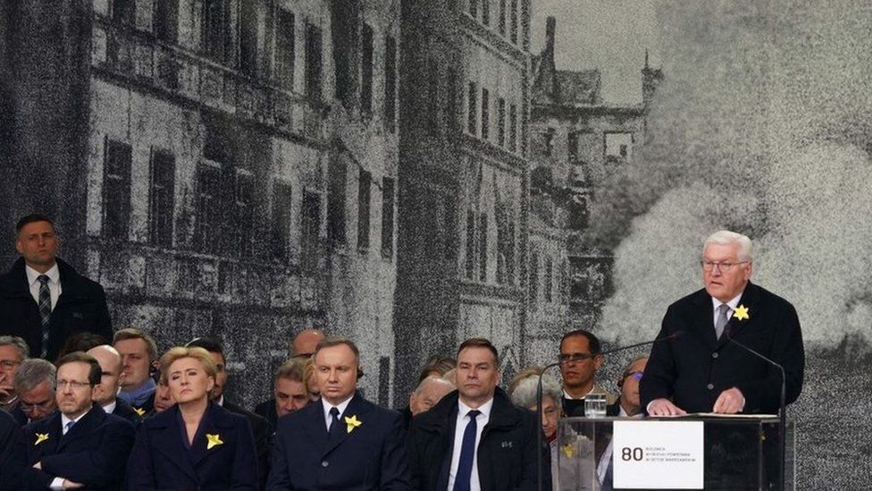 German President Frank-Walter Steinmeier (right) speaks in Warsaw, as Polish President Andrzei Duda (3rd right, front row) and Israeli President Isaac Herzog (1st left, front row) listen