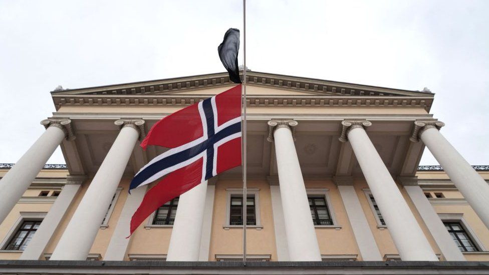 A Norway emblem  flies