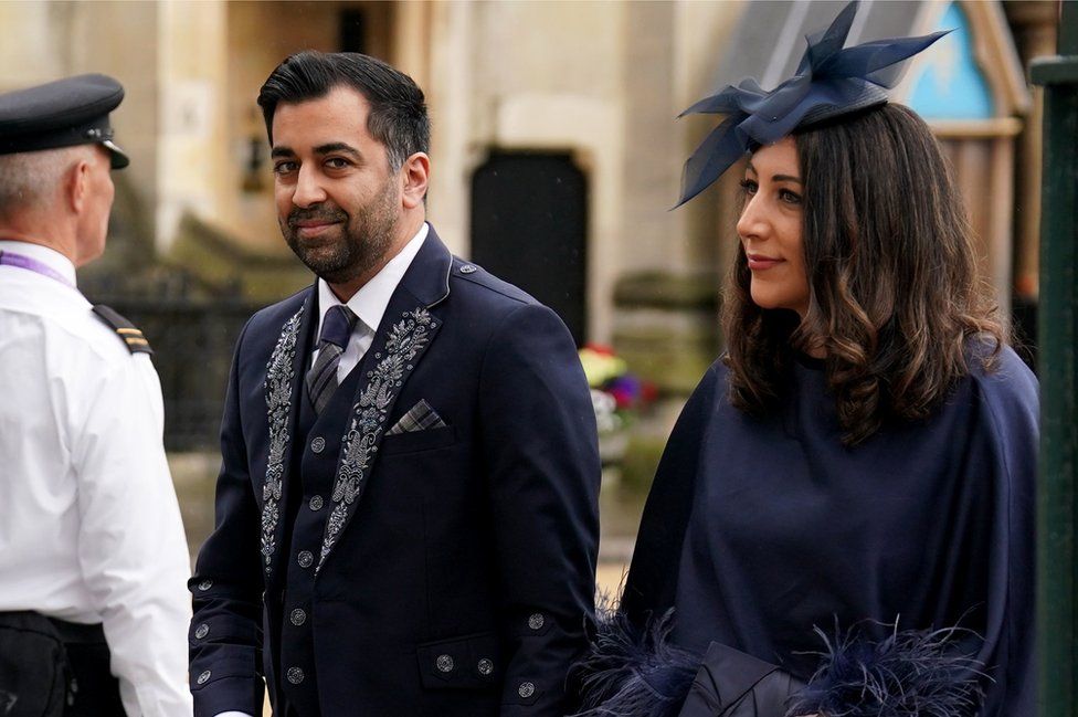 First Minister of Scotland Humza Yousaf and his wife Nadia El-Nakla arriving at Westminster Abbey, central London, ahead of the coronation ceremony