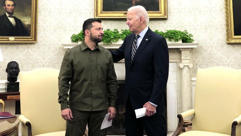 US President Joe Biden (R) holds a bilateral meeting with Ukrainian President Volodymyr Zelensky (L) in the Oval Office of the White House in Washington, DC, USA, 21 September 2023