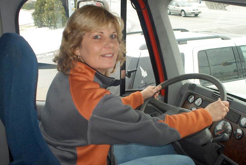 Ellen Voie at the wheel of a truck
