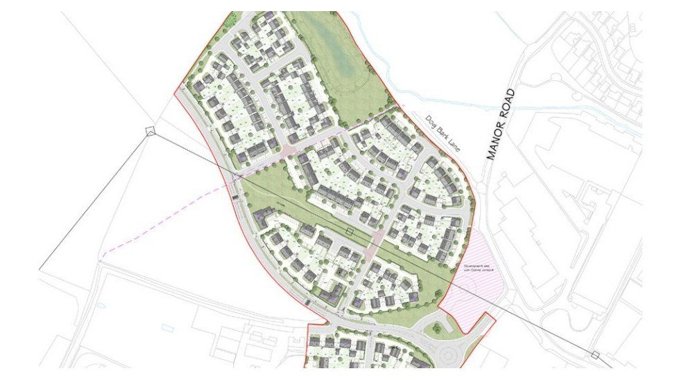 Drawings from a planning application, showing plans for 266 homes behind Gallagher Shopping Park in Cheltenham.