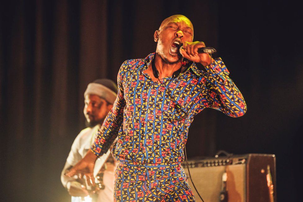 Seun Kuti performs on stage during Villanos Del Jazz music festival at Teatro Pav&oacute;n on November 07, 2022 in Madrid, Spain.