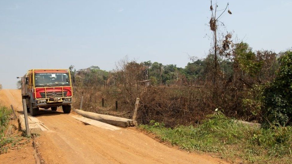 A fire truck searches for potential fire sources in the Amazon rainforest at the state of Rondonia, Brazil, 27 August 2019.