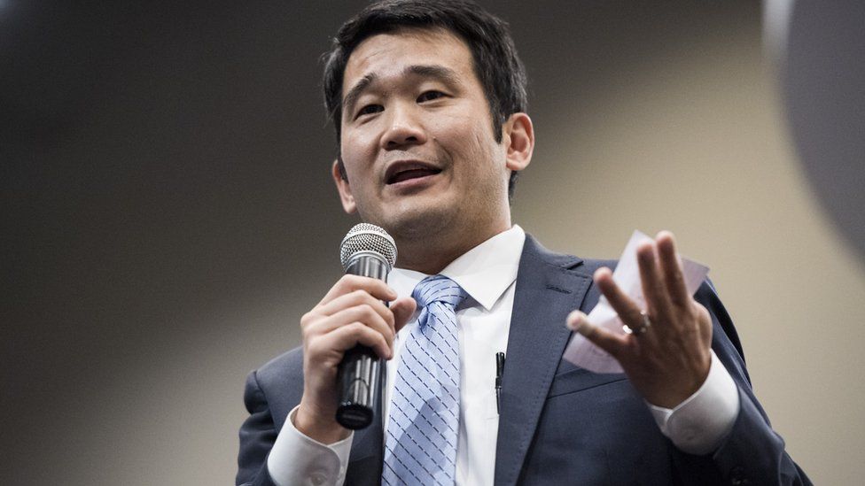 Dave Min, Democrat running for California's 45th Congressional district seat in Congress, speaks during the DEMOC PAC's candidate forum at the University Synagogue in Irvine, Calif.