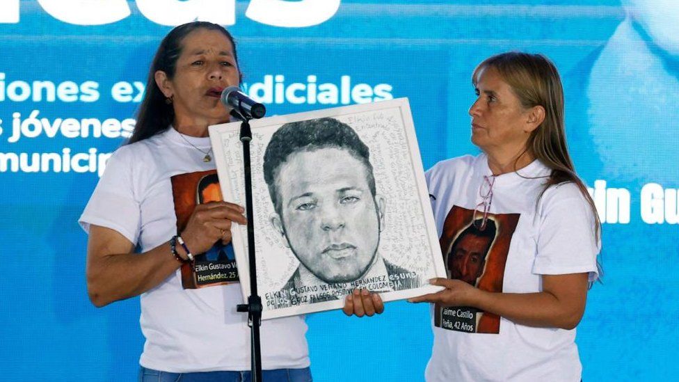 Florinda Hernandez (L), mother of Elkin Gustavo Verano, a victim of false positive, speaks during an act of public apologies to mothers of victims of false positives, at the Plaza de Bolivar in Bogota, Colombia, 03 October 2023.