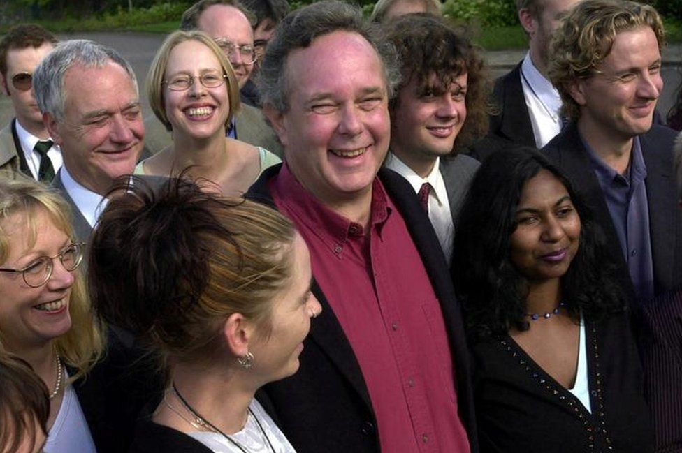 Lord Peter Melchett - executive director of Greenpeace -with supporters after criminal damage case