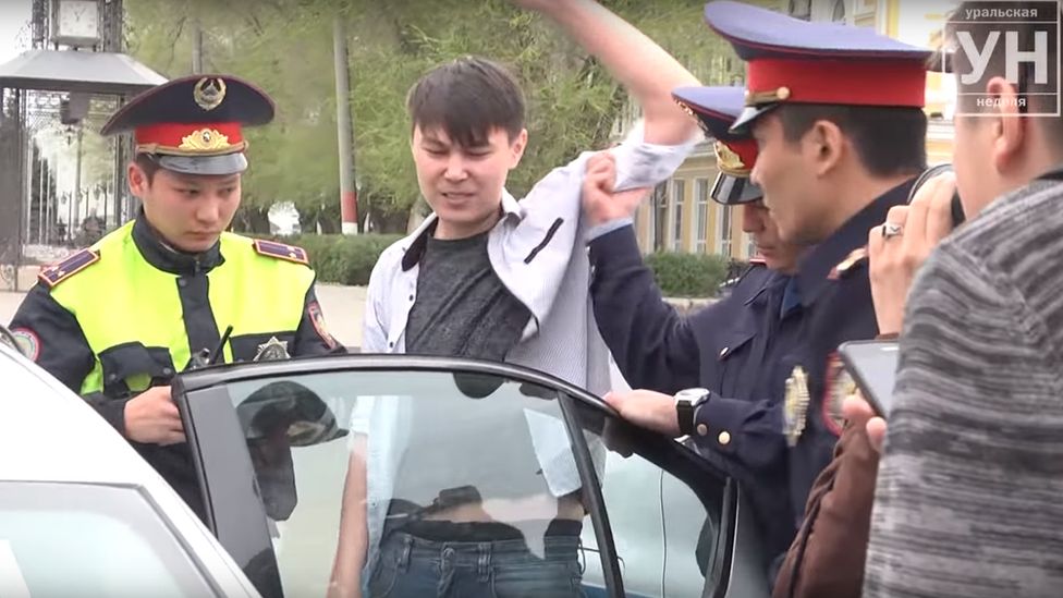 Kazakh video-blogger Aslan Sagutdinov protests in the city of Oral