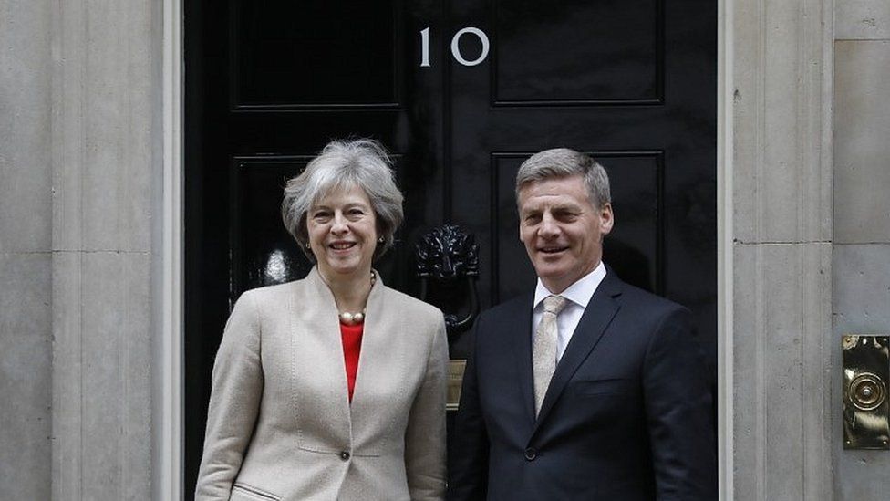 Theresa May and Bill English outside Downing Street
