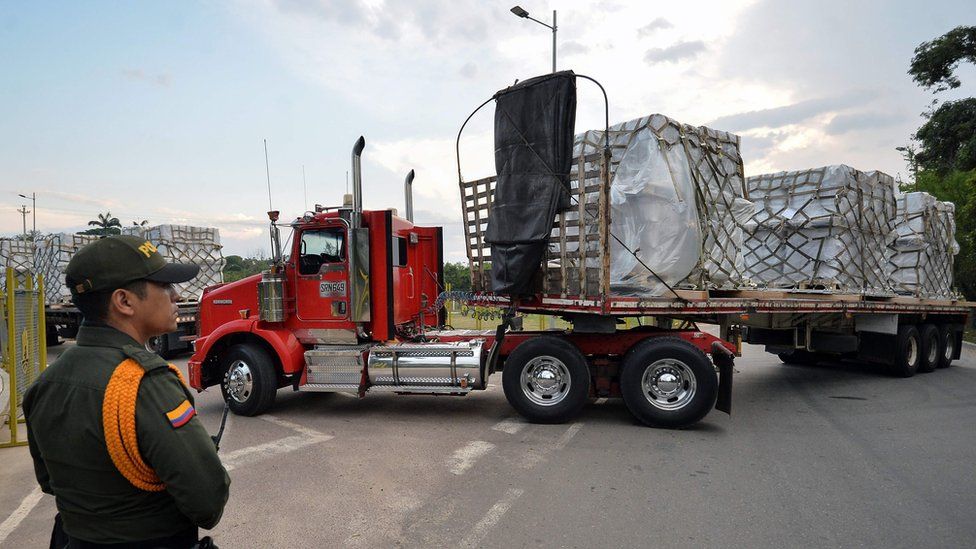 Aid lorries waiting in Cucuta