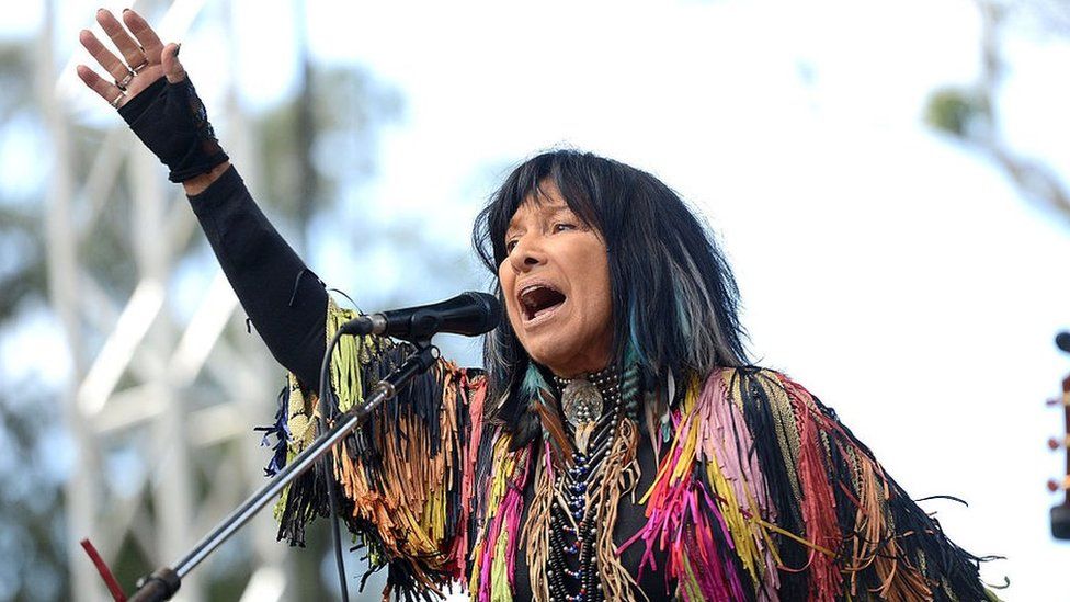 Singer Buffy Sainte-Marie performs onstage during Hardly Strictly Bluegrass at Golden Gate Park on October 2, 2016 in San Francisco, California.