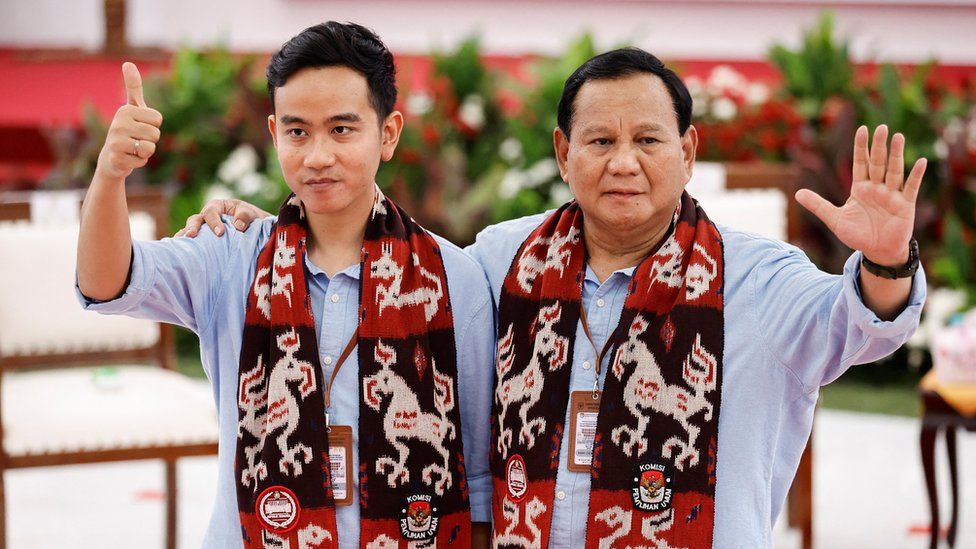 Indonesia's defence minister and presidential candidate, Prabowo Subianto, along with his running mate, Gibran Rakabuming Raka,