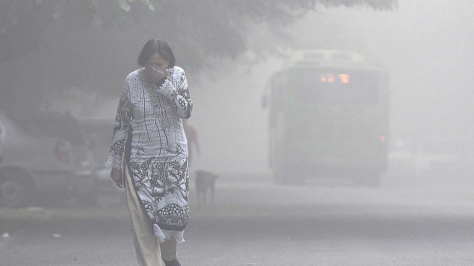 Женщина закрывает лицо руками во время прогулки среди густого смога ранним утром в районе Маюр Вихар, 2 ноября 2016 года в Нью-Дели, Индия.