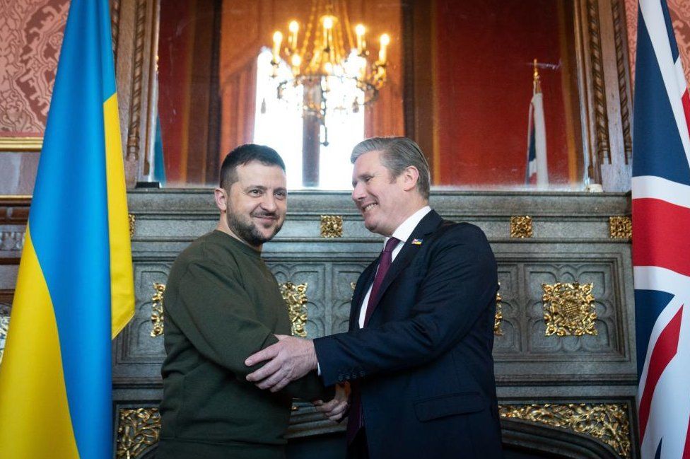 Labour leader Keir Starmer meets with Ukrainian President Volodymyr Zelensky at Speaker's House in the Palace of Westminster.
