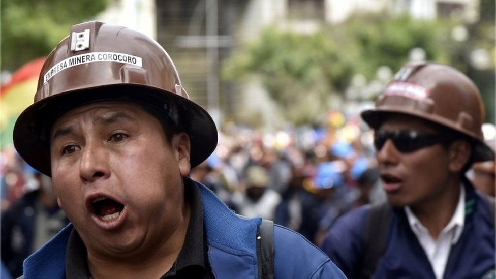 Miners march in support of Bolivian President Evo Morales and demand that election results which gave him as winner are respected by the opposition, in La Paz, on October 29, 2019.