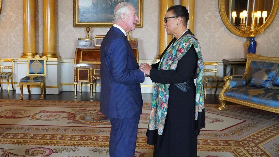 King Charles III during an audience with the Commonwealth Secretary General Baroness Patricia Scotland at Buckingham Palace