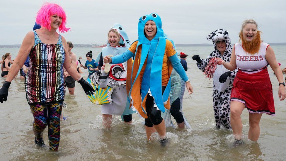 Gosport swimmers in fancy dress on New Year's Day
