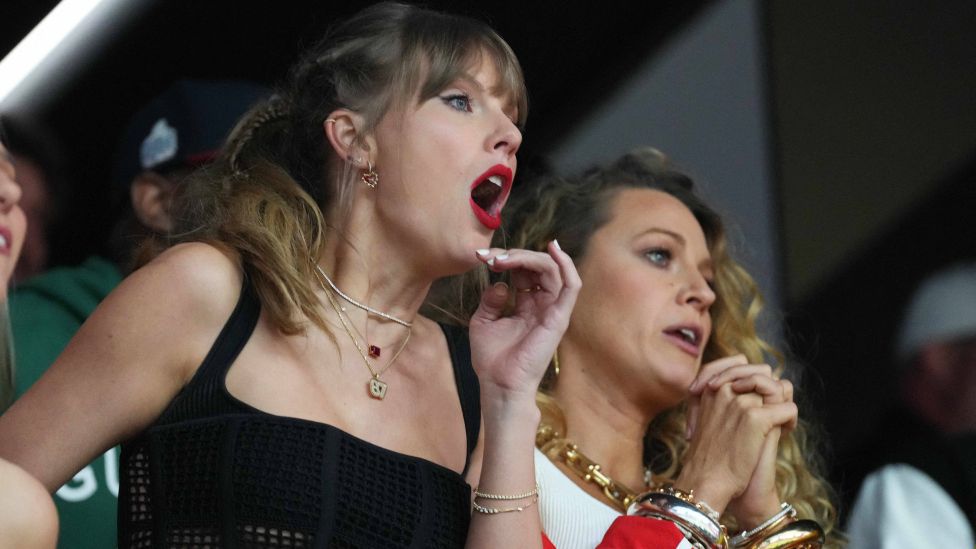 Recording artist Taylor Swift reacts during the first quarter of Super Bowl LVIII between Kansas City Chiefs and San Francisco 49ers at Allegiant Stadium.