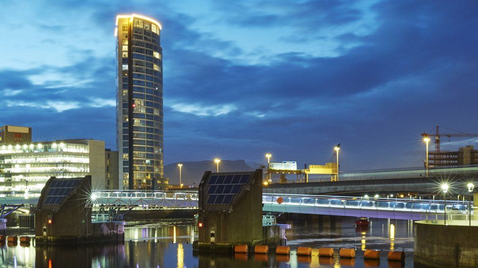 Obel Tower overlooking the River Lagan in Belfast