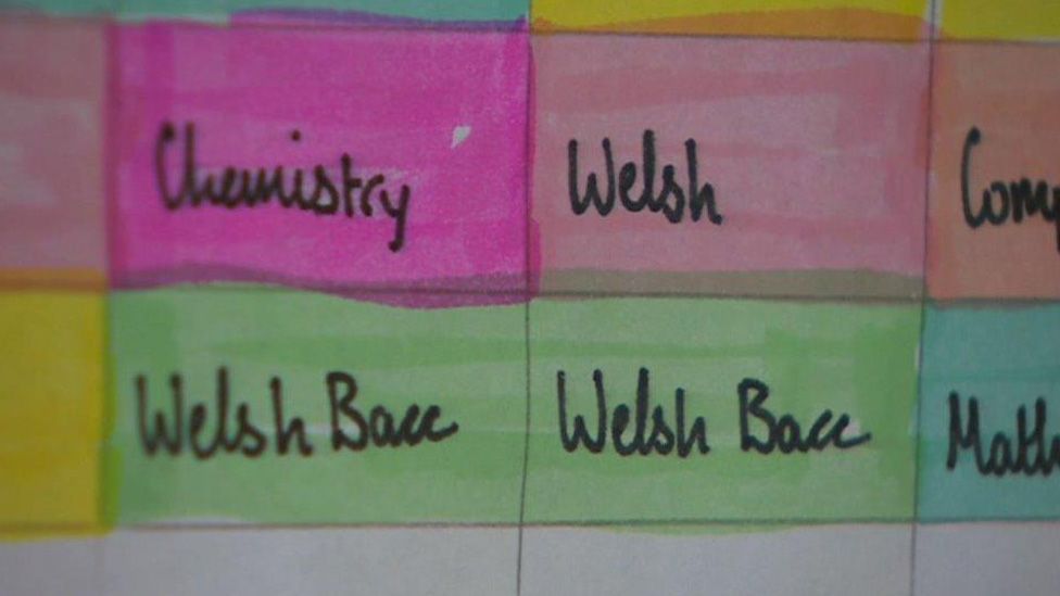 Welsh Bacc timetable on wall