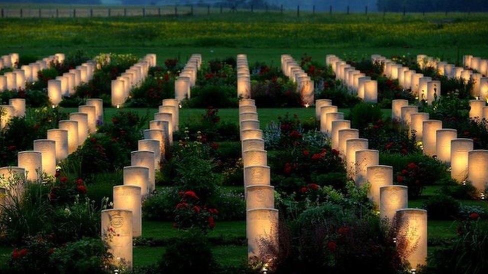 Graves lit up to mark the centenary of the Somme