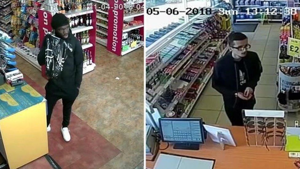 Two CCTV images of men at a newsagent's till