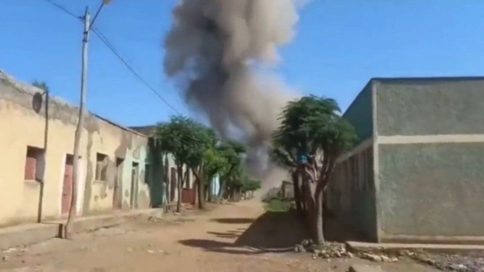 Screen grab of video showing when airstrike hit
