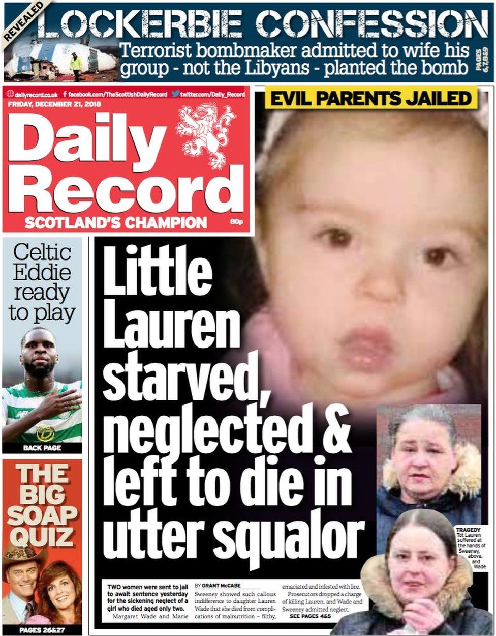 Scotland's papers: Lockerbie remembered and starved toddler - BBC News