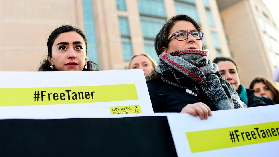 A group of human rights activists gather outside the Caglayan courthouse in Istanbul