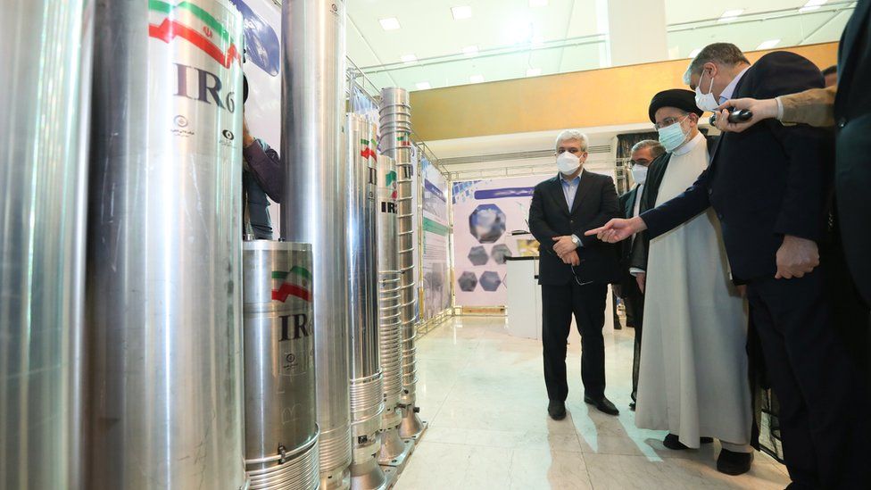 Iranian President Ebrahim Raisi is shown advanced IR-6 uranium centrifuges at a nuclear technology exhibition in Tehran, Iran, on 9 April 2022