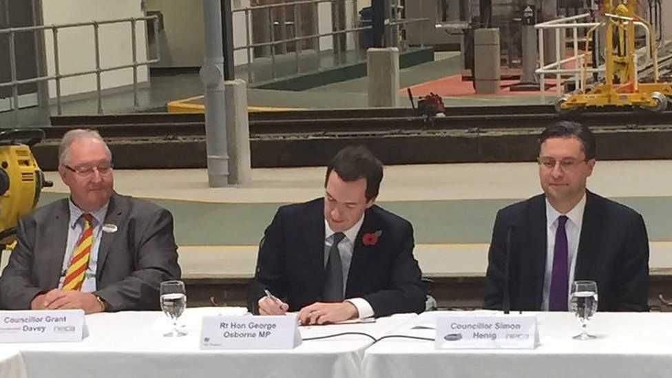 Councillor Grant Davey, Chancellor George Osborne and Councillor Simon Henig