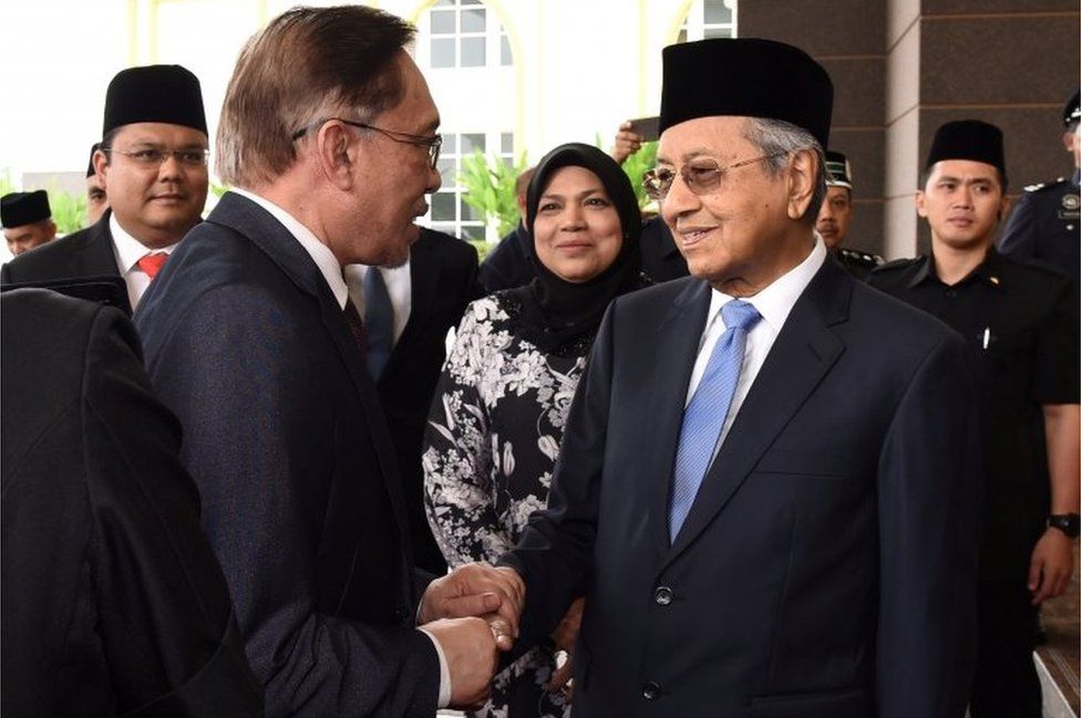 Malaysian politician Anwar Ibrahim shakes hand with Malaysian Prime Minister Mahathir Mohamad at National Palace in Kuala Lumpur, Malaysia May 16, 2018.