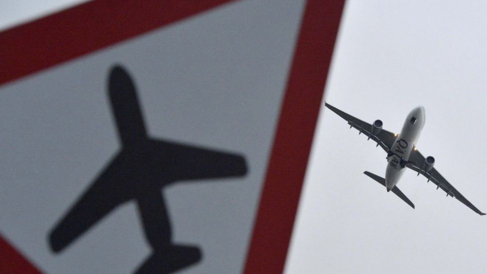 Images of a Qatar Airways plane and a sign warning of planes