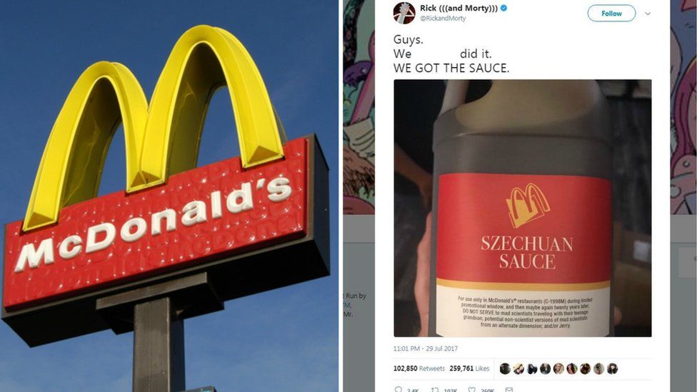 Split collage of McDonalds sign and screenshot fromRick and Morty creator saying 'we did it' and photograph of large container of sauce
