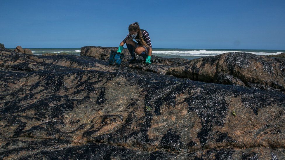 A volunteer cleans oil from rocks at the Pedra do Sal beach, in Salvador