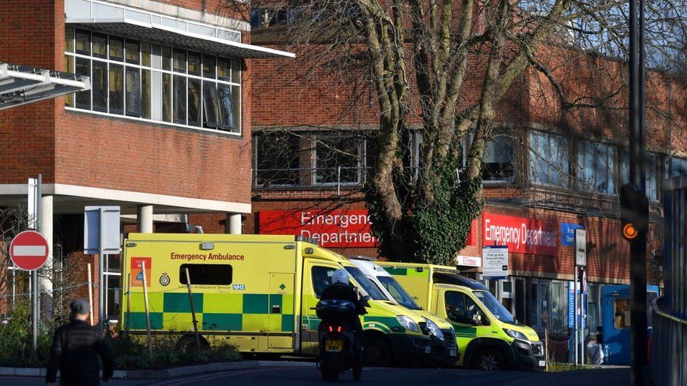 Image of ambulances parked outside St George's Hospital Accident and Emergency Department in January 2022.
