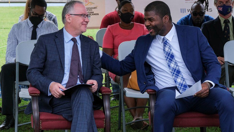 British Virgin Islands Governor John Rankin and Premier Natalio D. Wheatley chat during