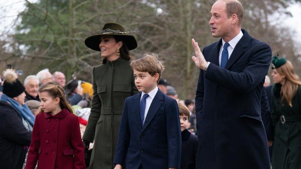 The Prince and Princess of Wales and their children greeting crowds at Sandringham