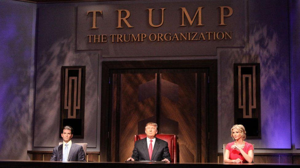 Mr Trump with his eldest children, Donald Jr and Ivanka, on a live episode of the Celebrity Apprentice in 2010