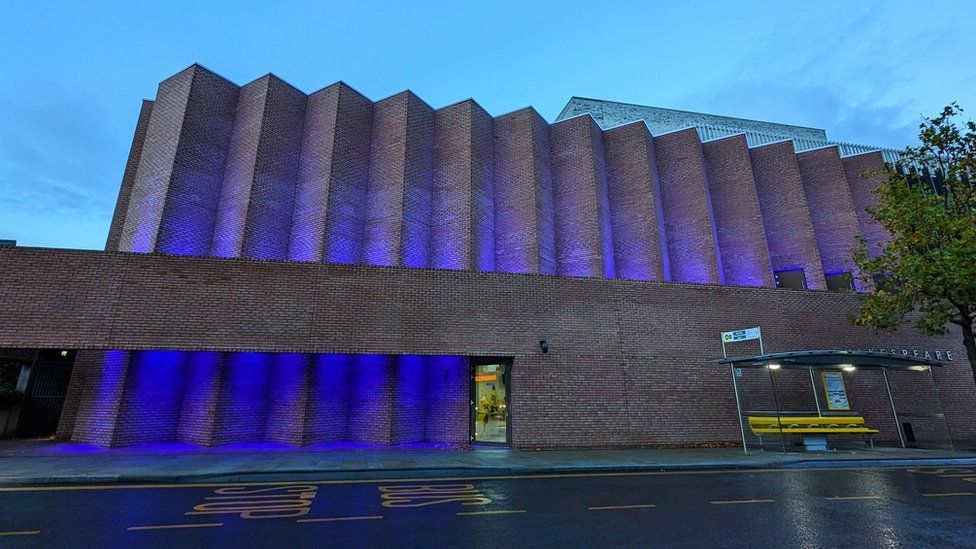 Shakespeare North Playhouse lit blue