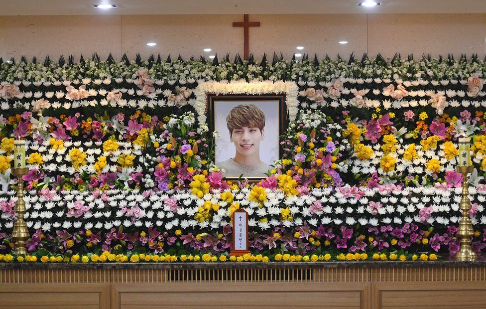The portrait of Kim Jong-Hyun, a 27-year-old lead singer of the massively popular K-pop boyband SHINee, is seen on a mourning altar at a hospital in Seoul on 19 December 2017