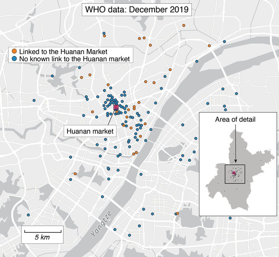 A map showing how early Covid-19 cases clustered around the Huanan market