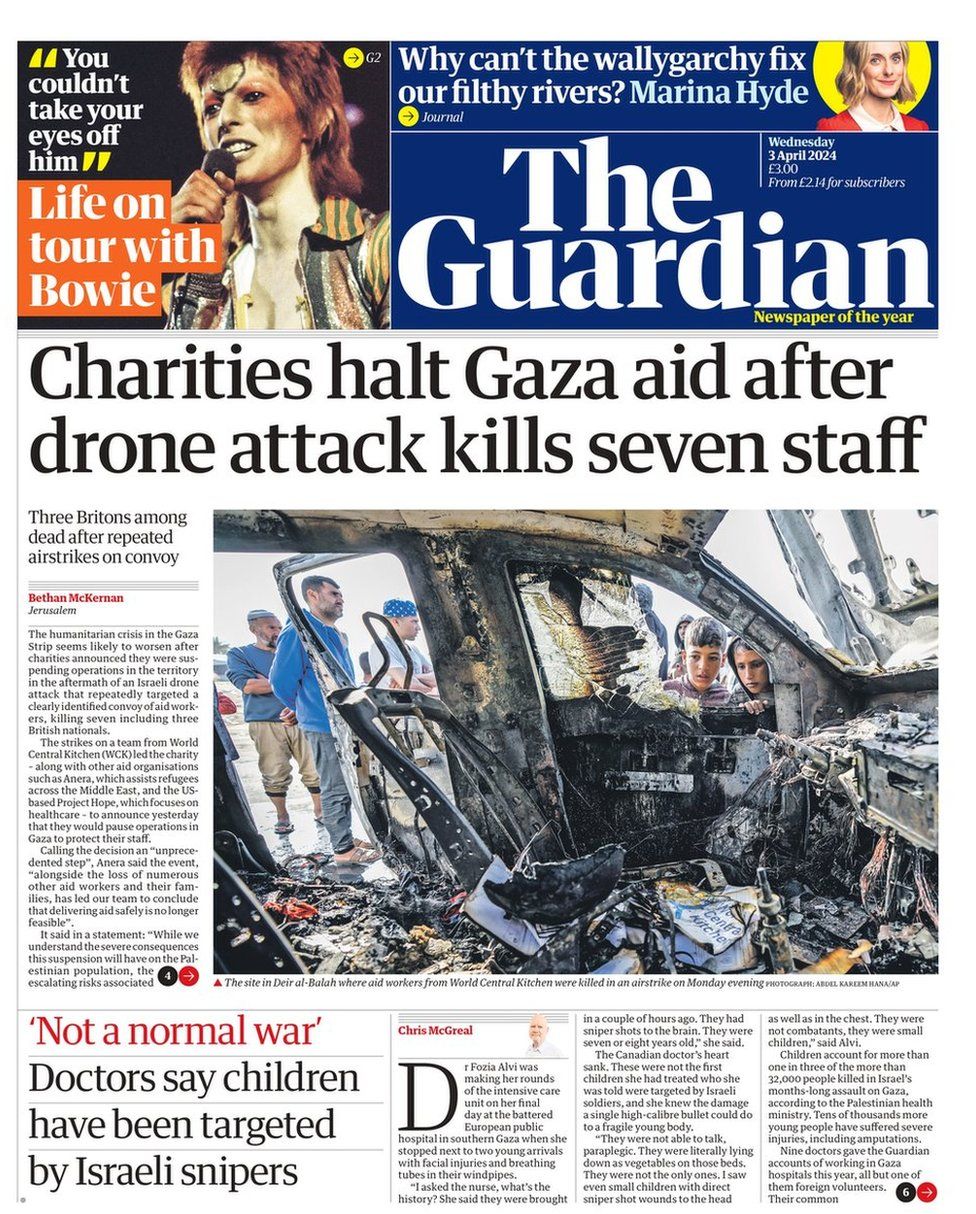 The Guardian front page. The headline reads: Charities halt Gaza aid after drone attack kills seven staff